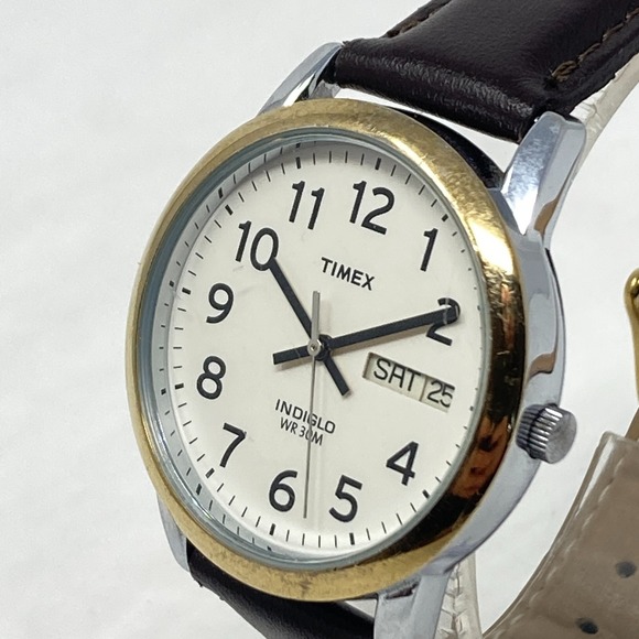 Timex Easy Reader Watch Men 35mm Gold Silver Tone Day Date Indiglo New Battery - Picture 4 of 16